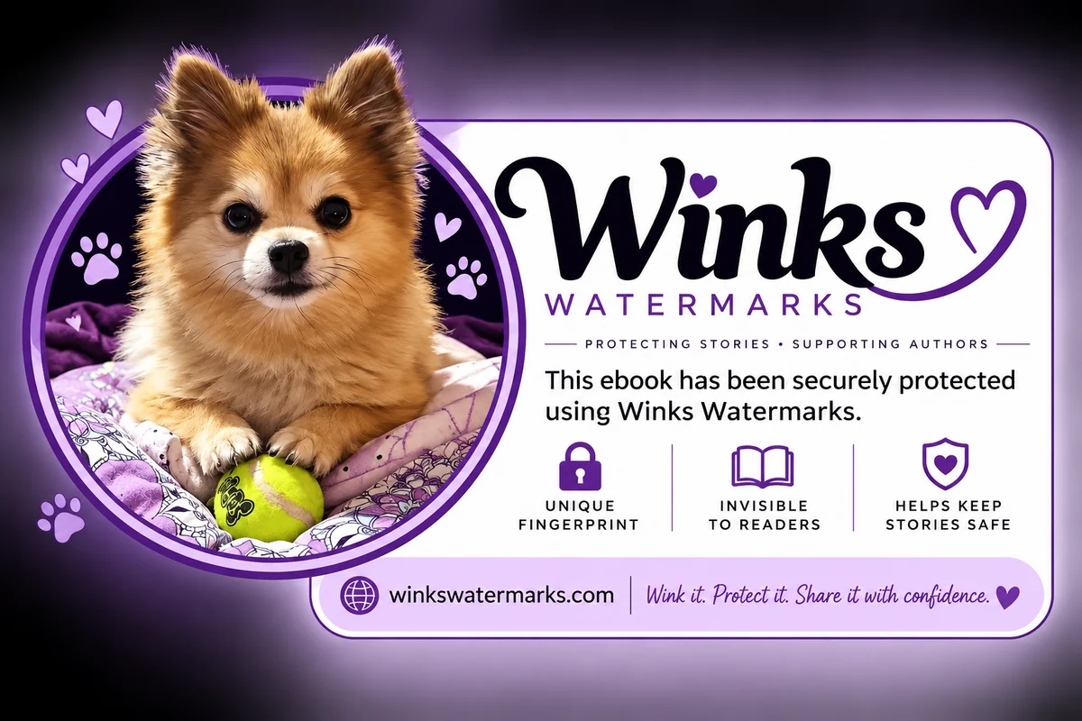 Optional Winks Watermarks protected ebook badge featuring Rudie the dog